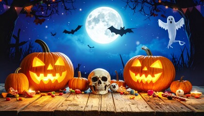 Outdoor Halloween table under moonlight—glowing pumpkins, ghost, skull, and candy evoke festive spook and playful charm.