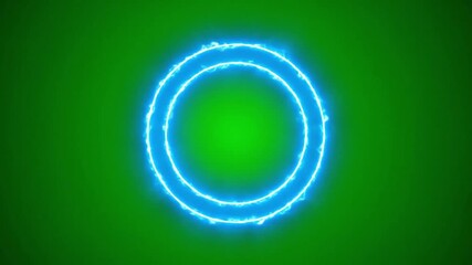 Bright blue glowing rings pulsating with energy against a vibrant green background