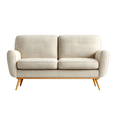 Elegant beige sofa with wooden legs, modern living room on transparent background