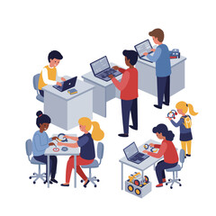 Diverse group of children engaging in hands-on technology and engineering activities indoors