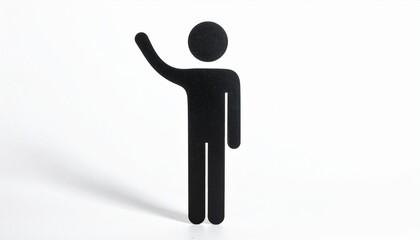 Minimalist human silhouette waving on white background—universal gesture of presence, greeting, or signal in stark clarity.