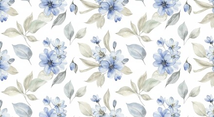 Watercolor Floral Seamless Pattern with Blue Flowers and Leaves.