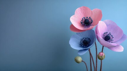 Pastel paper flowers against a muted blue background
