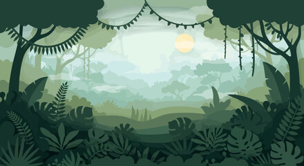 Lush Green Jungle Canopy Illustration with Decorative Garlands, Ideal for Nature-Themed Children's Book Illustrations and Animated Backgrounds for Educational Videos