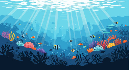 Vibrant Underwater Coral Reef Ecosystem Illustration Showcasing Marine Biodiversity and Tranquil Oceanic Beauty Ideal for Educational Materials and Conservation Campaigns