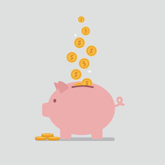 Stylized pink piggy bank with gold dollar coins dropping into it, against a gray backdrop