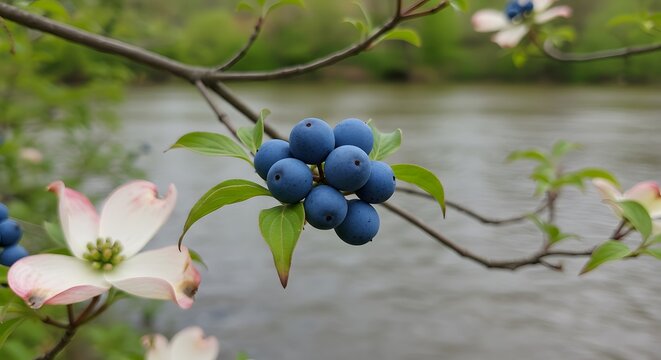 Blue berries on branch with white flowers - Powered by Adobe
