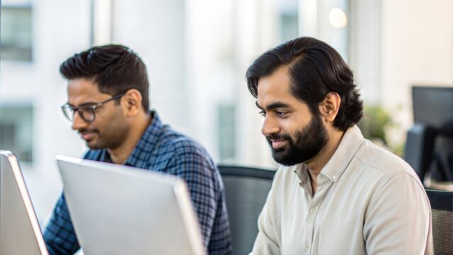 Indian web developers collaborating on computer — teamwork and coding in modern office