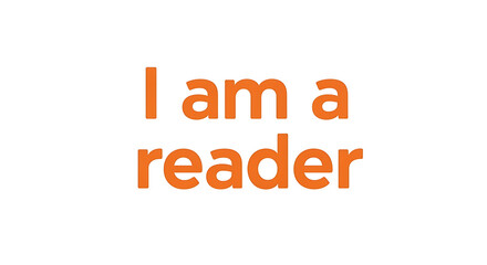 Empowering statement "I am a reader" in bold orange text against a white background.