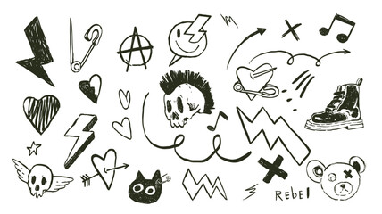 Hand drawn doodle punk set – sketch scull. anarchy, pin, cat, shoe, punk, grunge, heart, music notes,  collection