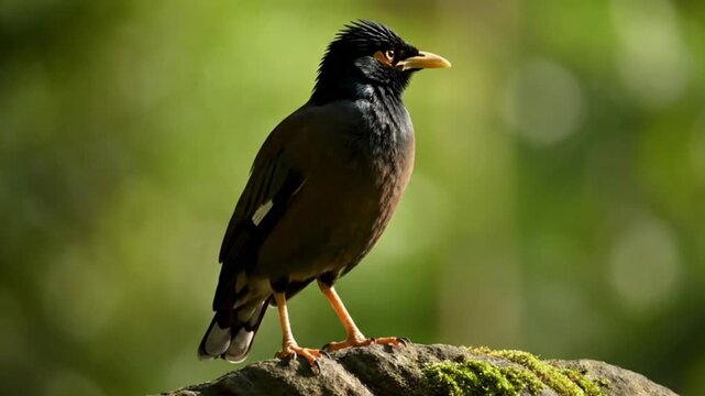 A Myna bird distinguished by its black head brown body  yellow beak perched on a mossy rock against a blurred green backdrop