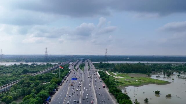 Aerial view of Flood area near Yamuna River in Delhi and Busy Delhi-Meerut highways
