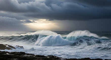 Stormy Ocean Waves Background with Dark Clouds and Rough Sea
