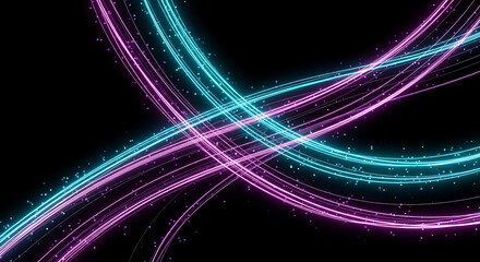 Black Background with Twisting Neon Curves and Glowing Particles
