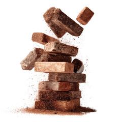 Stacked bricks collapsing, dust cloud