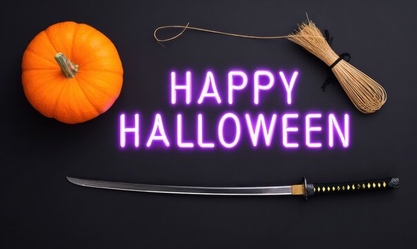 Premium Modern Halloween Flat Lay with Pumpkin, Witch Broom, Katana Prop, Neon Text for Gen Z Seasonal Marketing and Social Media Content