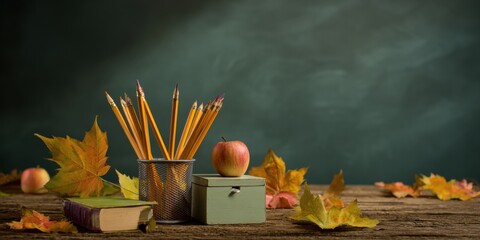 Modern Autumn Teacher Day Still Life with Pencils Apple and Book on Chalkboard Background for Professional Education Marketing
