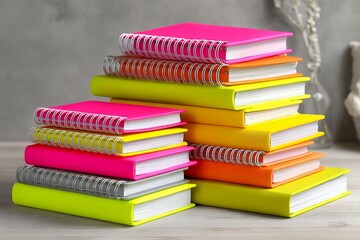 Colorful stacked spiral notebooks on wooden desk