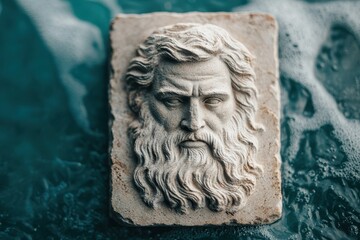 A detailed stone carving of a bearded figure, partially submerged in water, showcasing intricate features and textures.