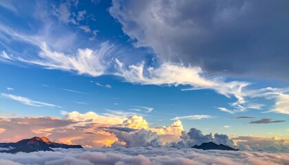 Colorful clouds above misty mountains