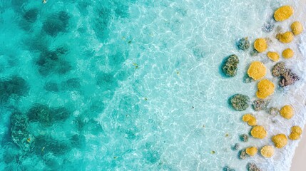 Aerial view of vibrant turquoise waters meeting rocky shores with yellow coral formations, creating a stunning contrast and serene atmosphere.