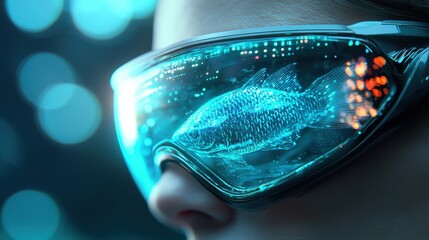 A person wearing futuristic goggles reflecting a digital fish, surrounded by a vibrant blue bokeh background, symbolizing technology and imagination.