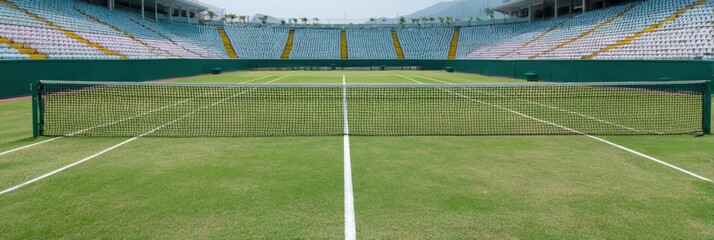 Obraz premium Professional Lawn Tennis Court with Net and Clear Grid Lines Modern Authentic Sports Venue for Competitive Training and Event Marketing Campaigns