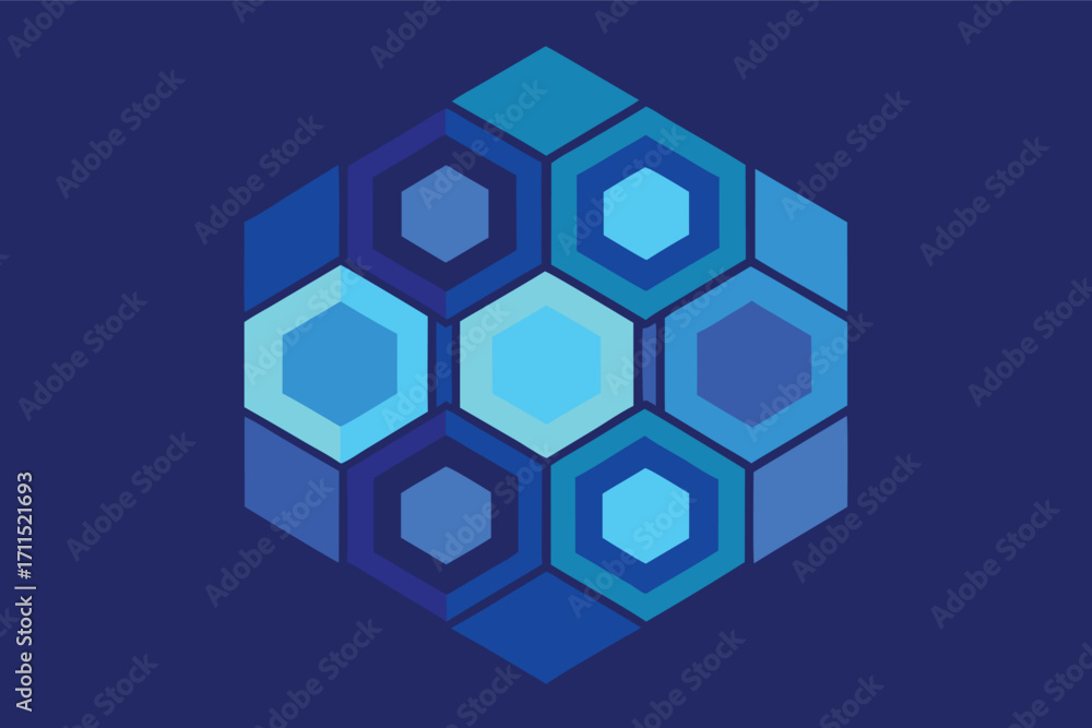 Poster abstract geometric pattern in various shades of blue with hexagons and circles on a dark background