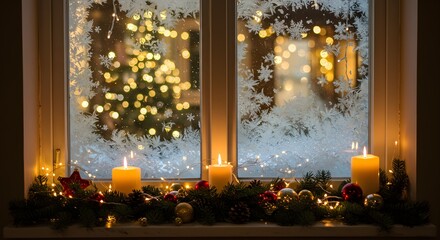 Christmas window display with candles