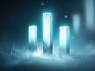 Ethereal glowing pillars emerge from a misty landscape, creating a mystical and serene atmosphere in a cold, foggy environment.