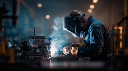 Industrial workshop with experienced welder assembling complex machines, safety gear, glowing weld point