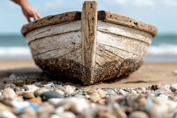A close-up of an old wooden boat on a beach, surrounded by pebbles, highlighting its weathered texture and coastal setting.