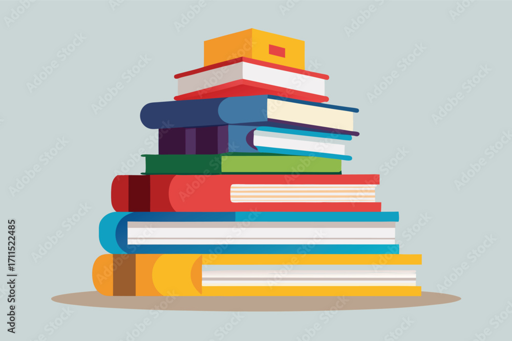 Poster colorful stack of books with varying sizes and colors on a light background