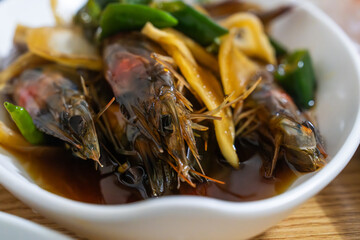 prawns and vegetables marinated with soy sauce, called ganjang gejang, a Korean cuisine