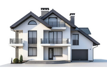 Modern two-story house with balconies and a garage, showcasing contemporary architectural design.