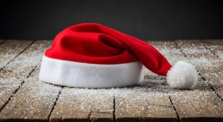 Red santa hat on wooden surface with snow