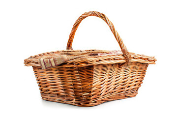 A woven basket with a handle, suitable for carrying items or picnic supplies.