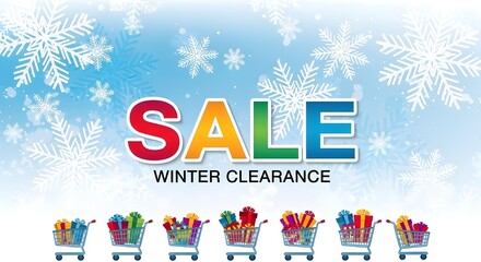 Sale winter clearance on blue snowflake background