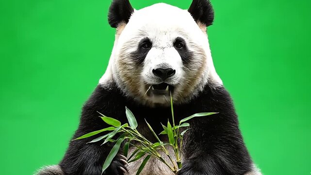 Charming giant panda eating bamboo with a green background