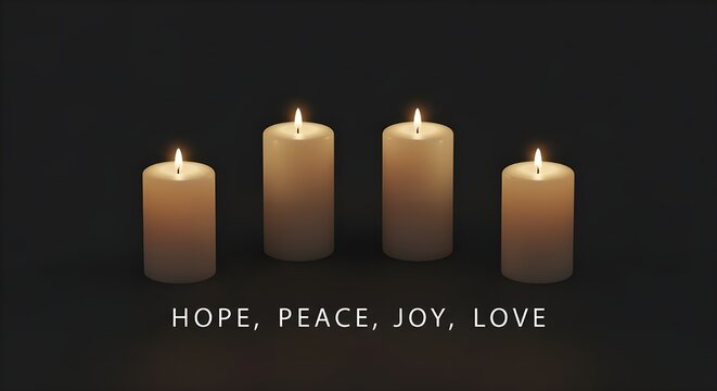 Four candles with the message HOPE, PEACE, JOY, LOVE