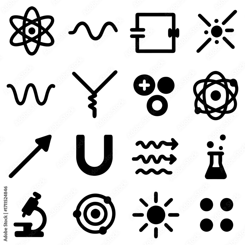 Poster iconic symbols: a collection of diverse scientific symbols, ranging from atomic structures to energy