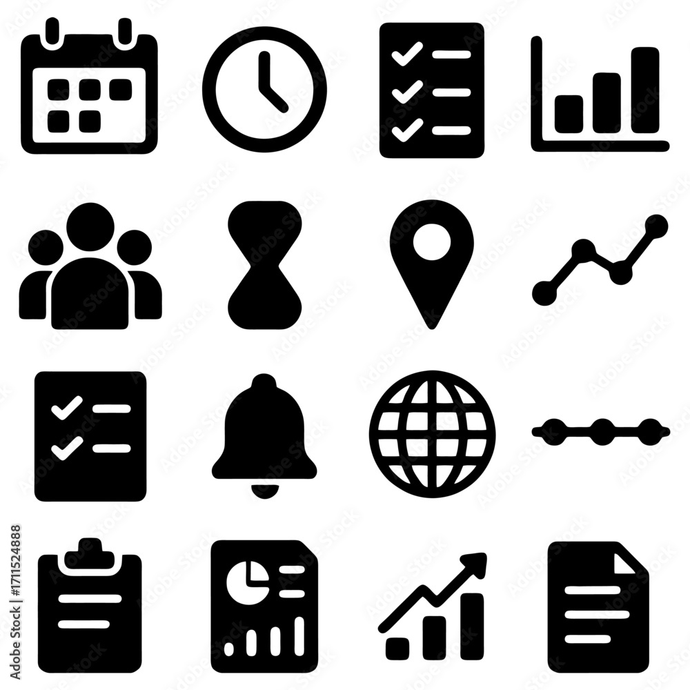 Poster iconic business and time management graphics: this comprehensive set of vector-style icons captures 