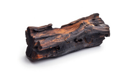 A piece of charred wood, showcasing its texture and color variations.