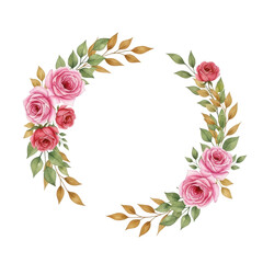 Watercolor roses and leaves arranged in a floral frame on transparent background