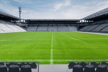 High-Quality Empty Soccer Stadium with Green Grass Field and Goal Posts Modern Sports Venue for Professional Event Marketing and Advertising Campaigns