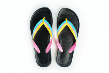 A pair of colorful flip-flops with a black sole and vibrant straps.