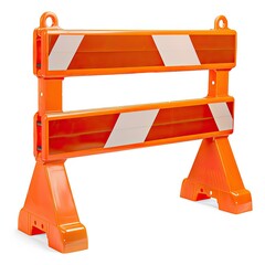 A traffic barrier with orange and white reflective stripes for road safety.