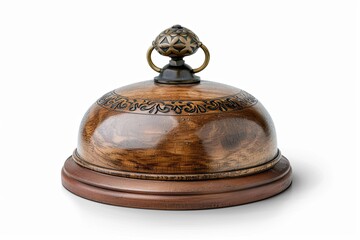 A wooden service bell with a decorative handle, used in hospitality settings.