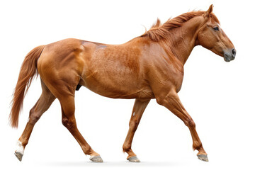 A chestnut horse trotting gracefully on a white background.