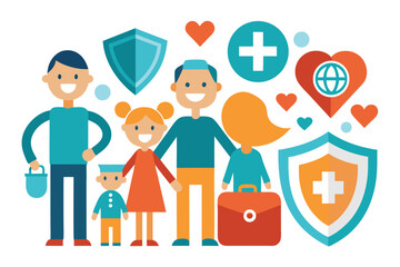 Family enjoying health and safety with symbols of care and wellness in a bright, colorful illustration